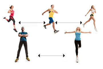 the concept of actions that can be performed together, physical distance during fitness classes. collage