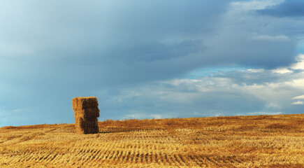 One haystack in empty rural field on a background of beautiful dramatic sky at sunset