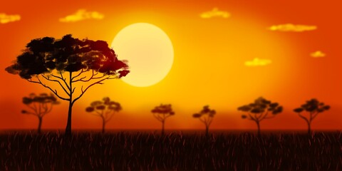 panorama baum in afrika bei sonnenuntergang hintergrund illustration © rosifan19