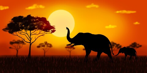 Fototapeta na wymiar Panorama einer Afrika Landschaft mit Silhouette einer Mutter mit Baby Elefant im Abendrot Illustration