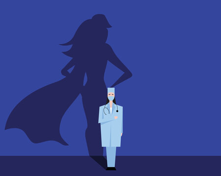 Super woman doctor or nurse. Hospitals superhero fighting for life. Thank you medical personal for work. Vector illustration concept.