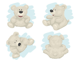 White teddy bear in different poses isolated on background, set. Vector illustration