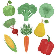 Food icons set: radish, pepper, carrot, pear, corn, cabbage, broccoli, apple. Isolated flat vector illustration of healthy vegetables for logo and banners.