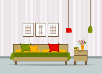 bedroom interior with furniture (bed, bedside table, floor lamp, books, flowers), flat vector illustration