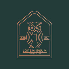 Premium Owl Abstract Vector Sign, Symbol or Logo Template. Golden Owl Silhouette with Retro Typography. Creative Bird Emblem. Owl line art. Vintage logo for use anywhere.