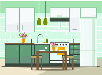 kitchen interior with furniture, flat vector illustration