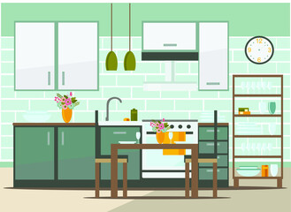 kitchen interior with furniture, flat vector illustration