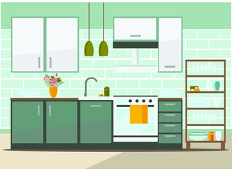 kitchen interior with furniture, flat vector illustration