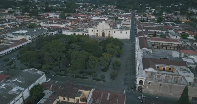 Drone aerial of the main square of colonial historic town in Antigua Guatemala