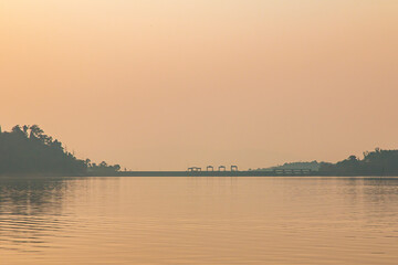 Silhouette Beautiful View Namngum Reservoir at Namngum Dam, Vientiane, LAOS.