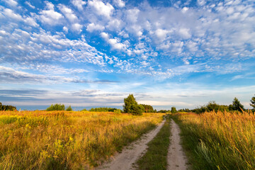 Road to the field and sky with clouds. Autumn and summer landscape.