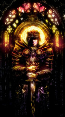 An evil king with a sword in knightly armor stands against the backdrop of a Gothic sabor, surrounded by black shadows and bright golden light. 2D illustration.