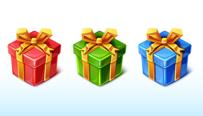 3d set of vector gift box presents in red, blue and green color.