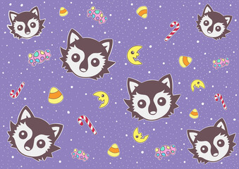 Halloween cute pattern paper, wallpaper, backdrop.  Wolf head, taffy, candy cane, corn on purple background color with snowflake. Illustration horizontal for various decorations.