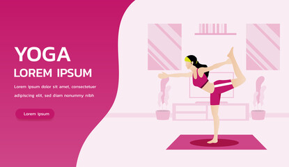 Obraz na płótnie Canvas Website landing page. Woman doing standing yoga pose