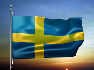 3D illustration of the national flag of the Kingdom of Sweden waving in the wind against sunset sky. 