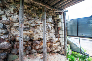 Wooden lining with original backing of the basement of the Smolensk fortress wall. Russia