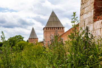 Fortress wall, towers of Pozdnyakov and Veselukh. Smolensk. Russia