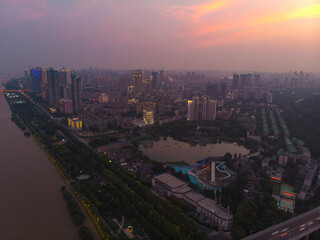 Naklejka na ściany i meble Wuhan city sunset and night aerial photography scenery in summer