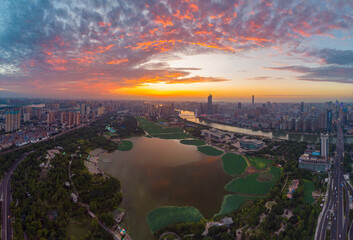 Wuhan city sunset and night aerial photography scenery in summer