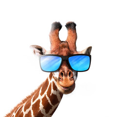 Smiling giraffe wearing a blue sunglasses - obrazy, fototapety, plakaty