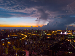 Wuhan city sunset and night aerial photography scenery in summer