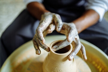 Portrait of positive latin hispanic brazilian man making ceramic pot on pottery wheel