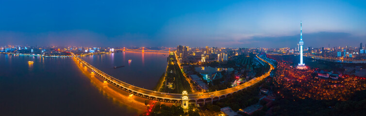Wuhan city sunset and night aerial photography scenery in summer