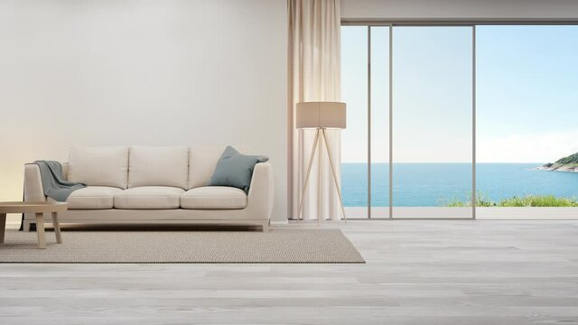 Beige sofa near blank wall on empty wooden floor of large living room in modern house or luxury hotel. Cozy home interior 3d rendering with beach and sea view.