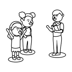 male teacher worker reading book and little schoolgirls line style icon