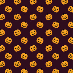 happy halloween card with pumpkins faces pattern background