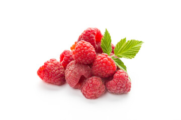  raspberries with leaf isolated on a white background