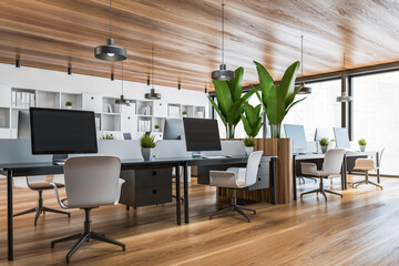 Fototapeta premium Panoramic black open space office corner