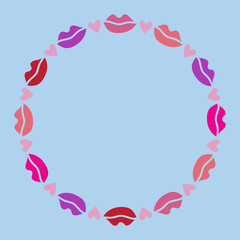 Fototapeta na wymiar Beautiful frame with lipstick prints and hearts. Valentines day background. Vector EPS 10