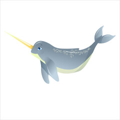 Cute gray narwhal. sea ​​animals in cartoon style. Vector illustration isolated on white background