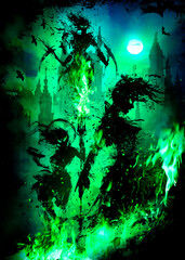 Witches burning a gothic city in green flames in the middle of the night with a full moon. 2D illustration.