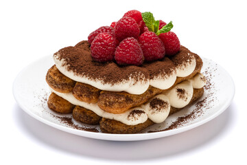 portion of Classic tiramisu dessert with raspberries on ceramic plate isolated on white background - clipping path