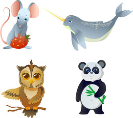 set of cute animals. Panda, mouse, owl and narwhal in cartoon style. Vector illustration isolated on white background