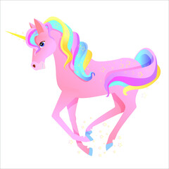 Bright pink unicorn with stars and colored mane. tsyrkovaya horse. vector illustration isolated on white background