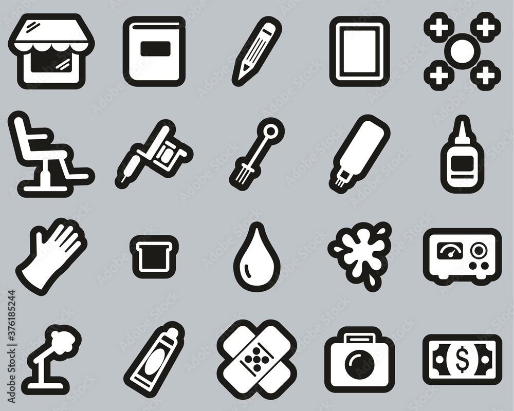 Sticker Tattoo Shop & Equipment Icons White On Black Sticker Set Big