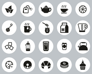 Tea Or Hot Beverage Icons Black & White Flat Design Circle Set Big