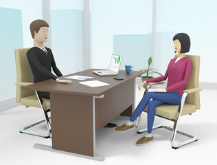 Woman is having the interview to get a job in a company. 3d illustration