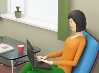 Woman is working with a laptop sitting in an armchair near the window at home. 3d illustration