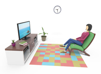Woman relaxing at home in a chair and watching tv. White background. 3d illustration