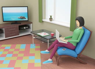 Woman is working with a laptop sitting in an armchair  at home during the self-isolation. 3d illustration