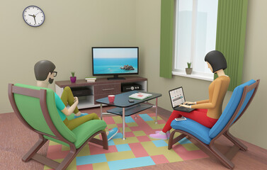 Young family couple is sitting on the armchairs in front of tv set in the living room. 3d illustration