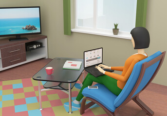 Young woman with a laptop is sitting on the armchair in front of tv set in the living room. 3d illustration