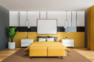 Yellow and gray master bedroom with poster