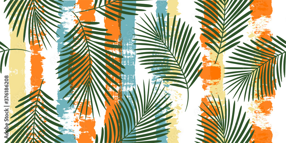 Wall mural Tropical pattern, palm leaves seamless vector floral background. Exotic plant on colorful stripes print illustration. Summer nature jungle print. Leaves of palm tree on paint lines. ink brush strokes