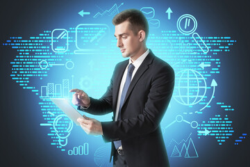 Man with tablet, world map